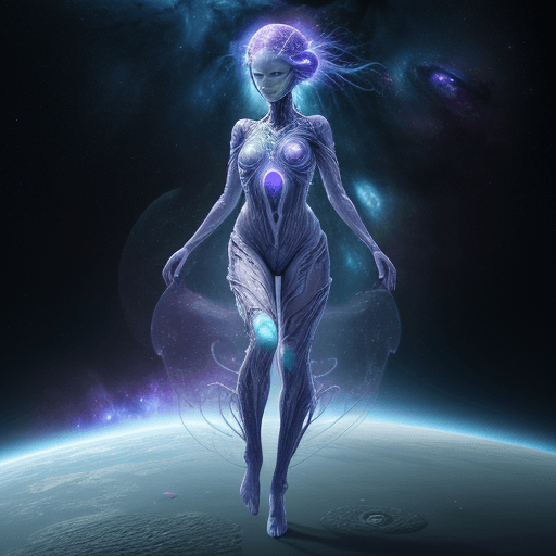 AI generated: ultra realistic photo of a woman from the feet up wearing intricate organic nebula neural clothes on...