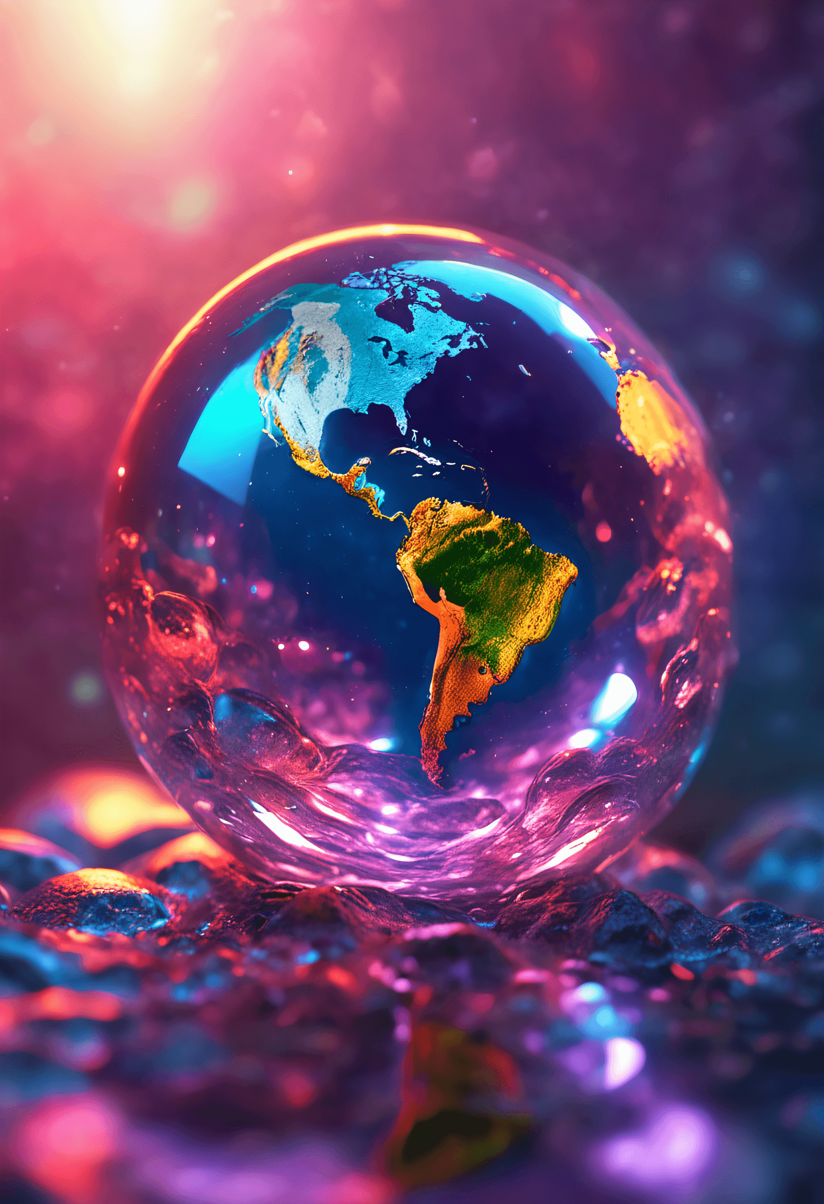 AI generated: Earth captured within a shimmering water droplet, bursting with vivid colors and illuminated by ethe...