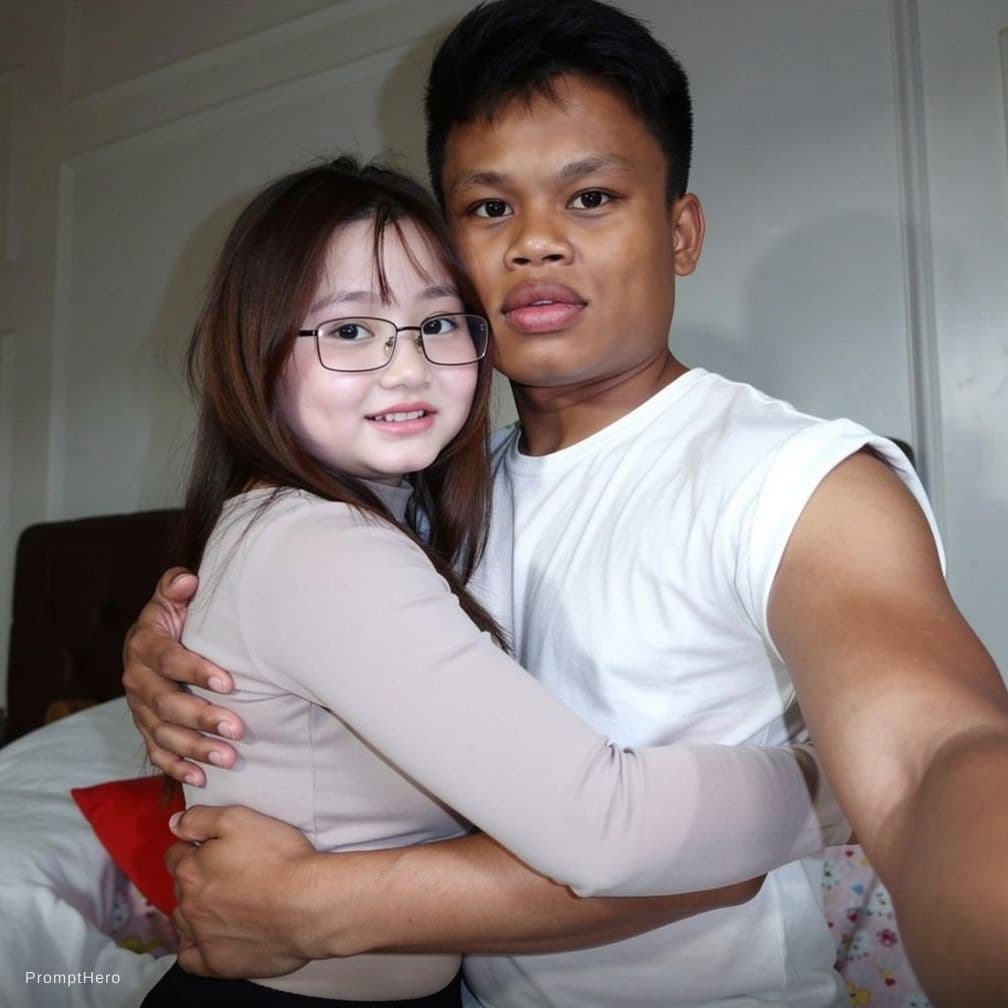 AI generated: Combine the two provided images into one single image where the man and the woman are hugging each o...