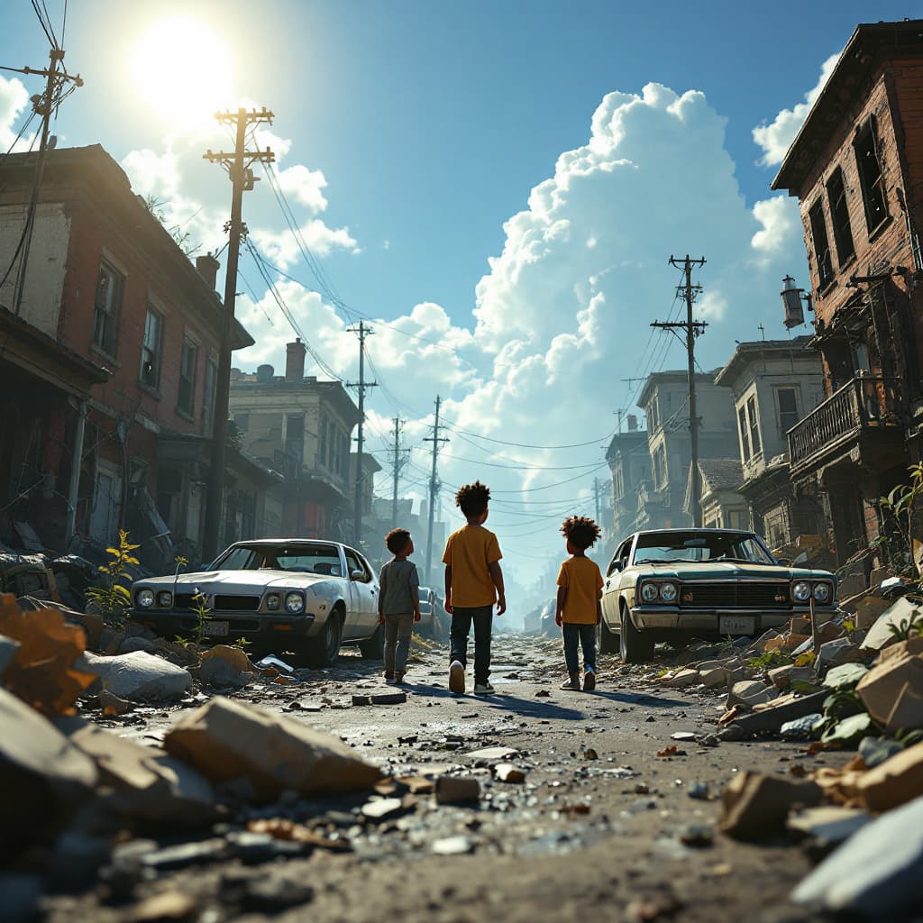 AI generated: ixar styled 3d 4k cinematic image of black kids in a ghetto neighborhood on property and cars being ...