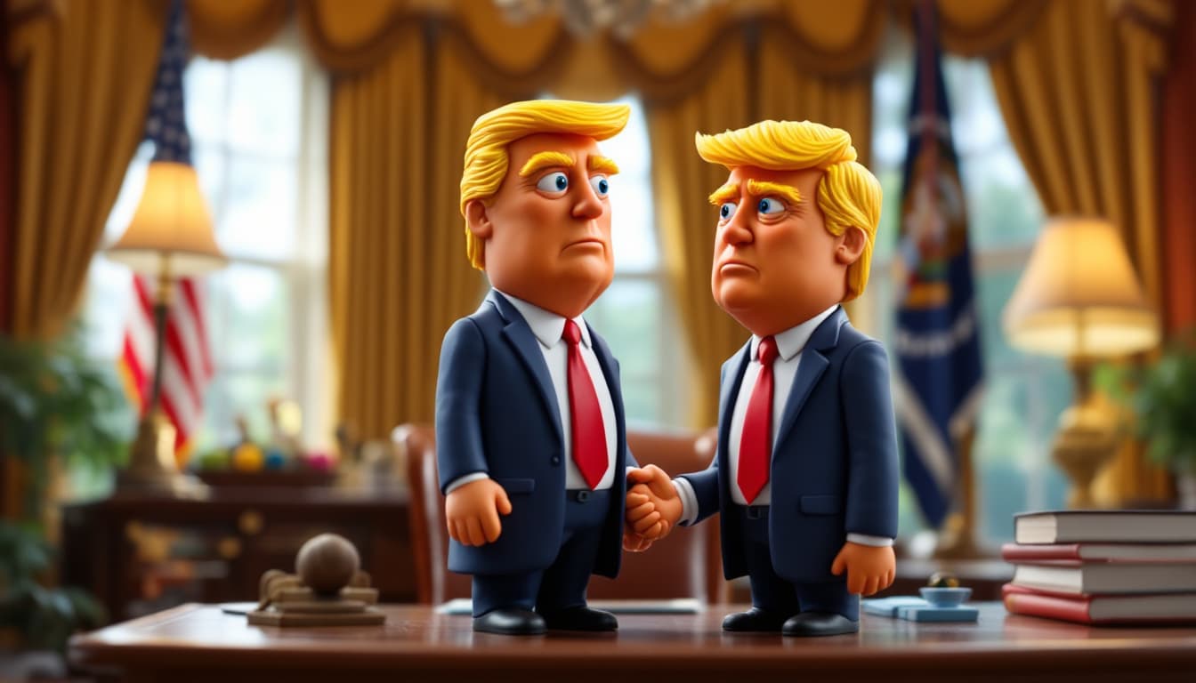 AI generated: plasticine figures of  Donald Trump, molded from bright, multicolored clay. Standing on a table in t...