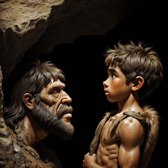 AI generated:  a young prehistoric boy looks at a very old prehistoric caveman in a prehistoric cave,  side view, ...