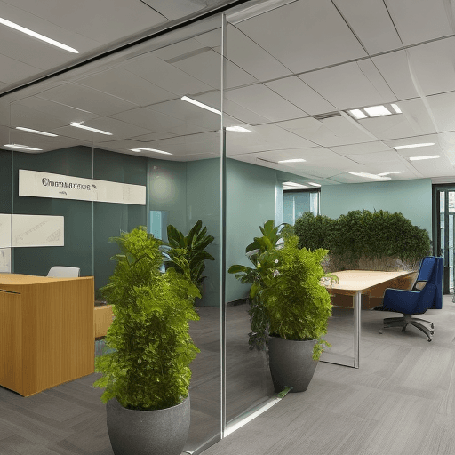 AI generated: An office setting with prominent signage 'Financiación y Servicios' over the entrance. White walls, ...