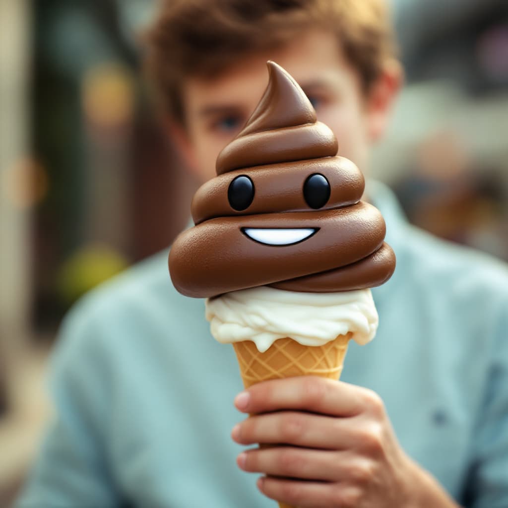 AI generated: imagine a picture of a poop emoji on an ice cream cone, held by a young man.