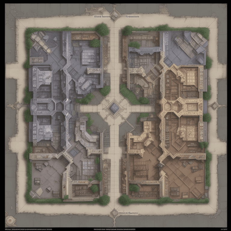 AI generated: full - color fantasy floor plan battle map of a city block, 4 entrances, a courtyard, d & d, pathfin...