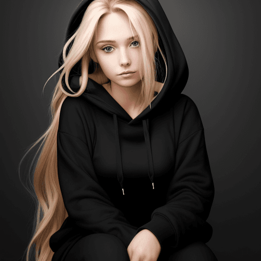 AI generated: The image features a beautiful 25 year old woman with long blonde hair, wearing a black hoodie. 