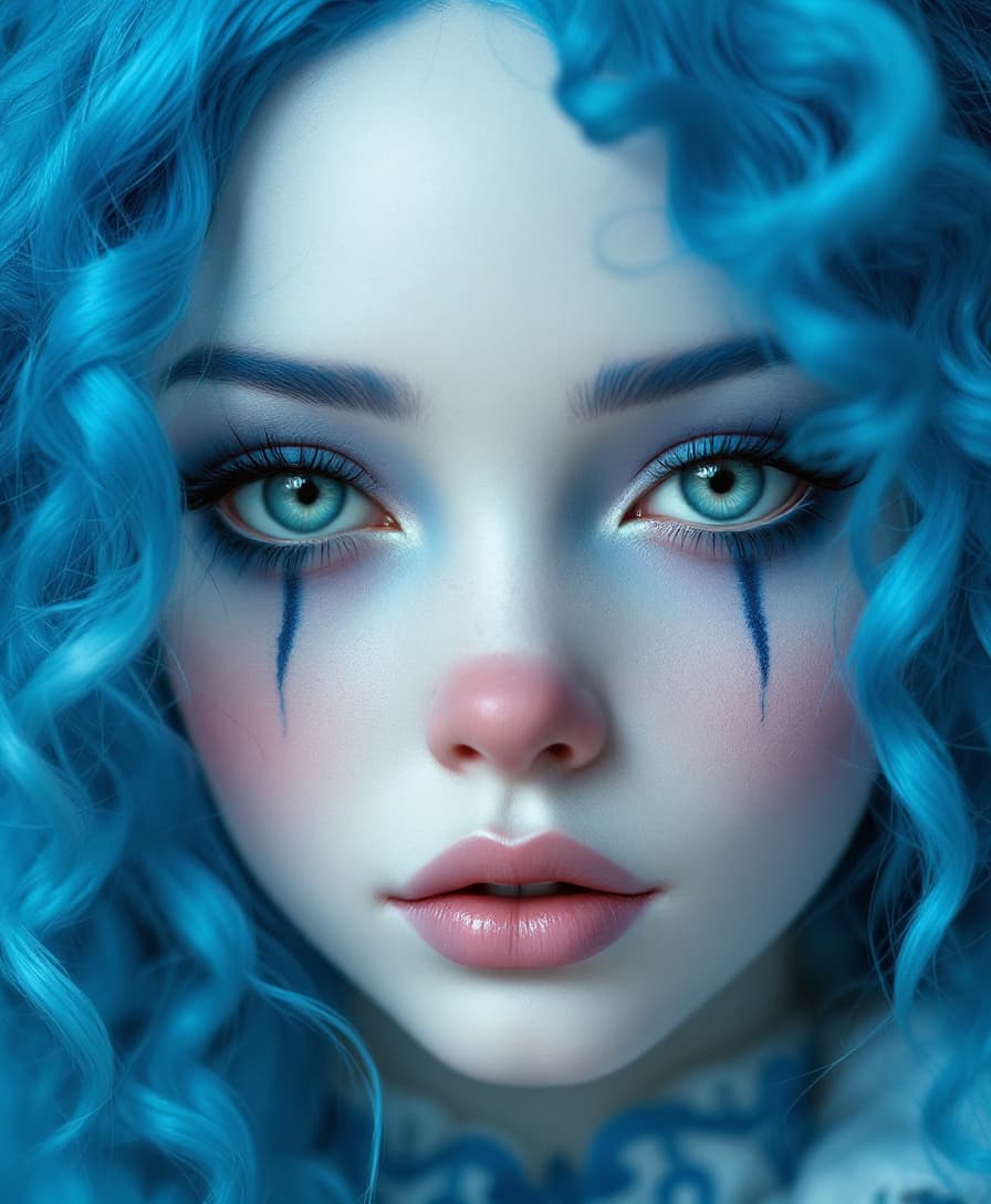 AI generated: Prompt: Anne Bachelier, beautiful clown doll with an extremely pale, clean and clear face, fair skin...