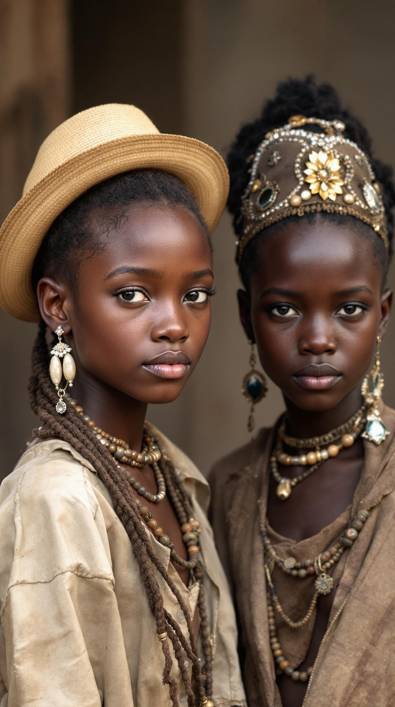 AI generated: Two young African girls, 16 years old, with hats and jewelry on their heads. One of them is in moder...