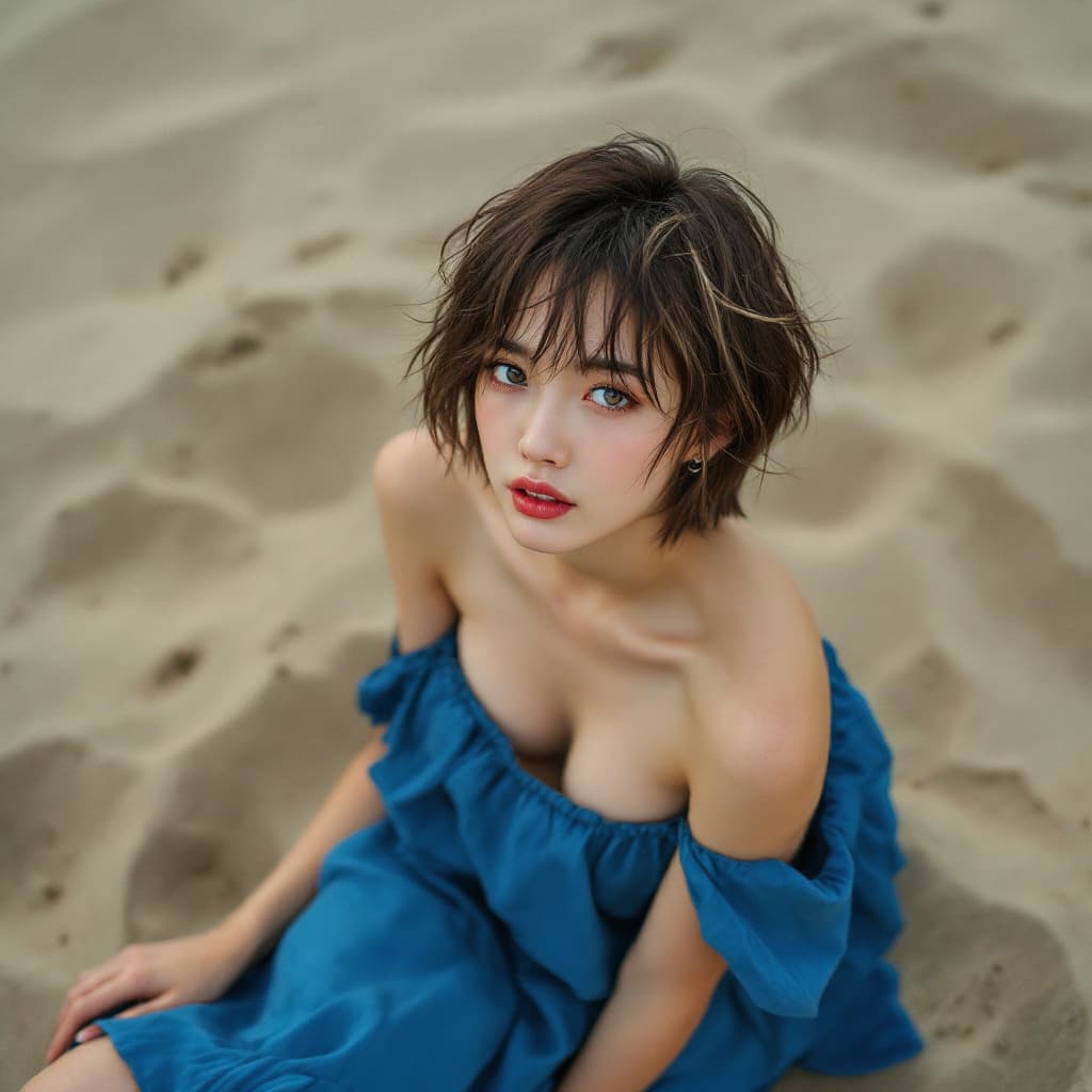 AI generated: a Japanese female, photograph of a woman sitting in the sand, high angle, one arm on her shoulder, t...