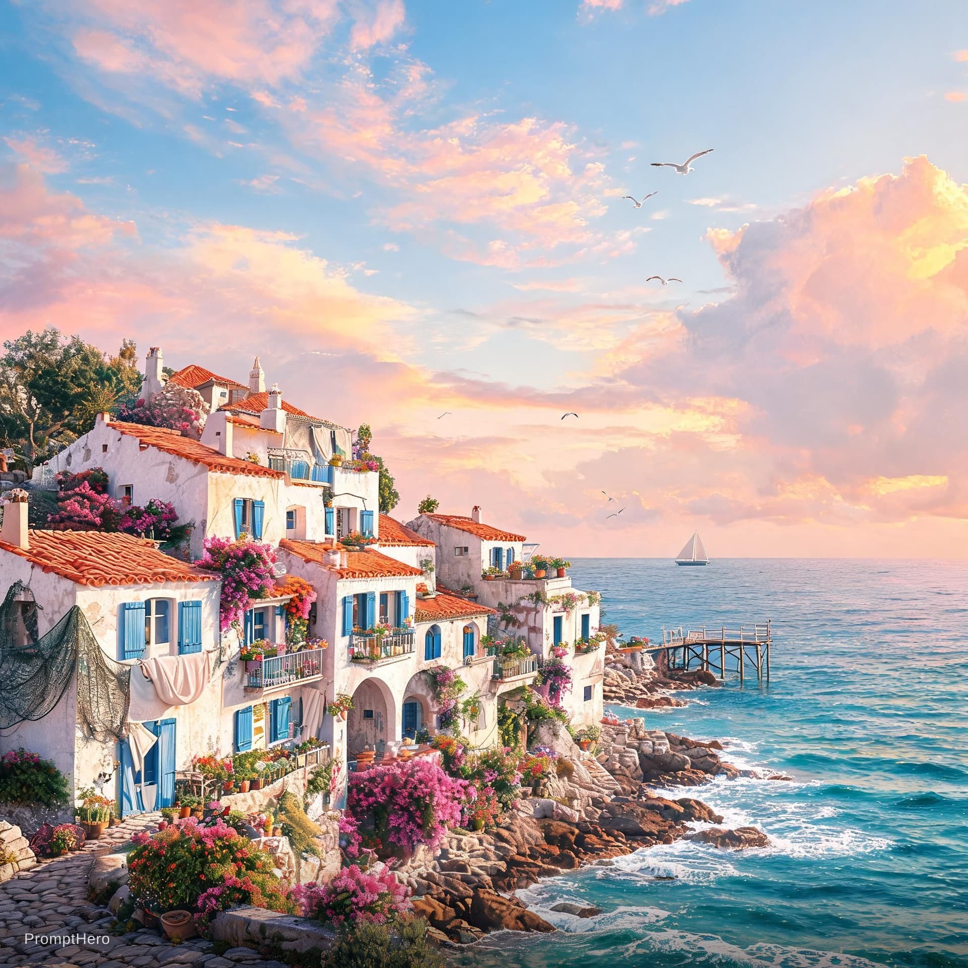AI generated: ancient houses arthouse art, in the style of seaside vistas, vibrant airy scenes --ar 9:16 --s 750 -...