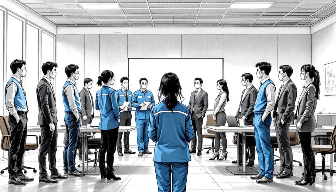 AI generated: Wide-angle pencil sketch style scene of a morning meeting about to begin in a modern office conferen...