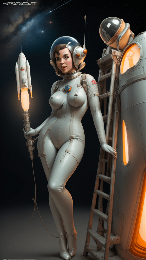 AI generated: " a  retro sci-fi space age rocketeer with a lusty expression naked exposing her bare boobies and va...