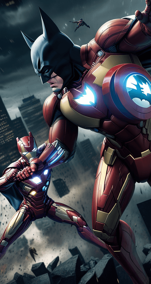 AI generated: A superhero going into battle to fight a villain, battle of ideals, Heroic, epic, Realism, batman ve...