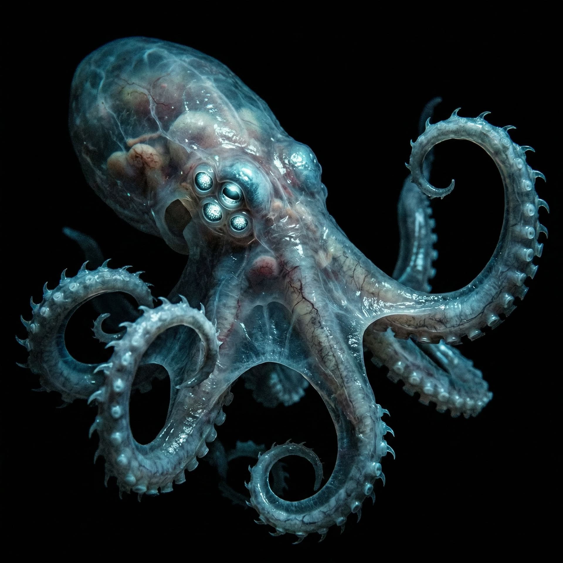 AI generated: A photorealistic monstrous octopus with translucent skin, many eyes, and barbed tentacles, isolated ...