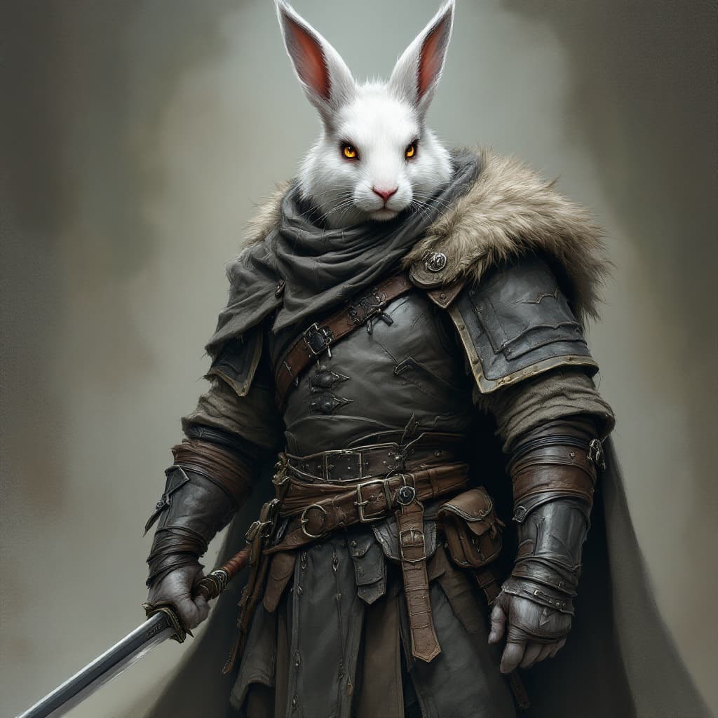 AI generated: male d&d harengon, male dnd rabbitfolk, :: white fur with grey tipped ears, male rogue wearing grey ...