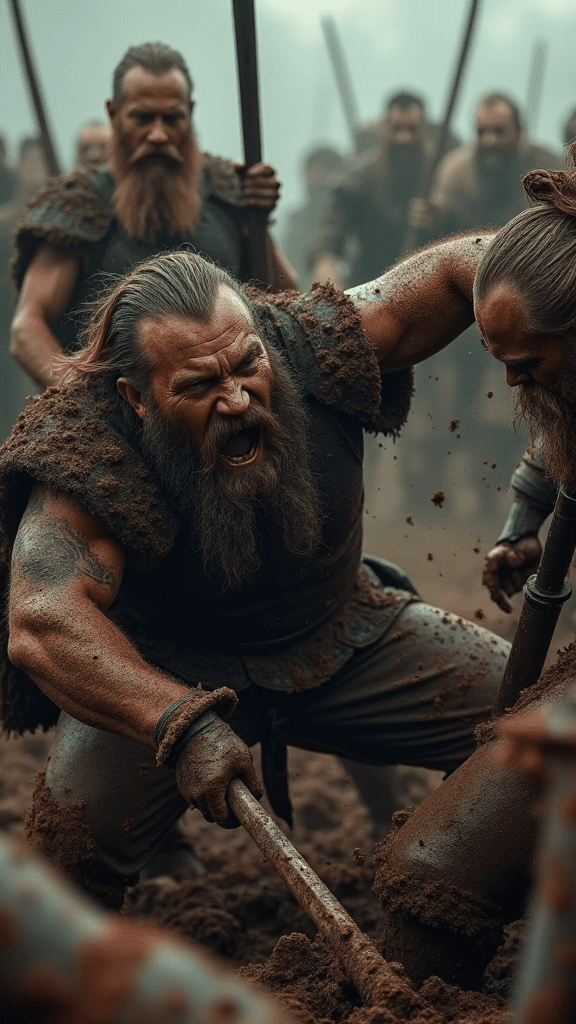 AI generated: texture cinematic photo hyperrealistic style, close brutal melee between Viking warriors and enemies...