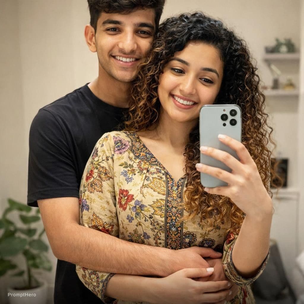 AI generated: A happy young couple standing indoors, taking a mirror selfie together. The man is standing behind t...