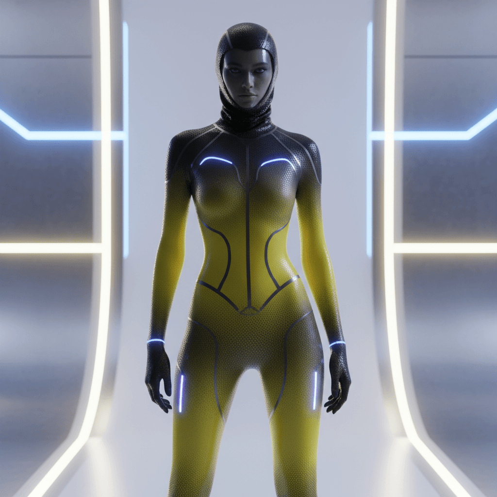 AI generated: futuristic fashion photography, mysterious-faced woman model, gaze to camera, wearing an aerogel sui...