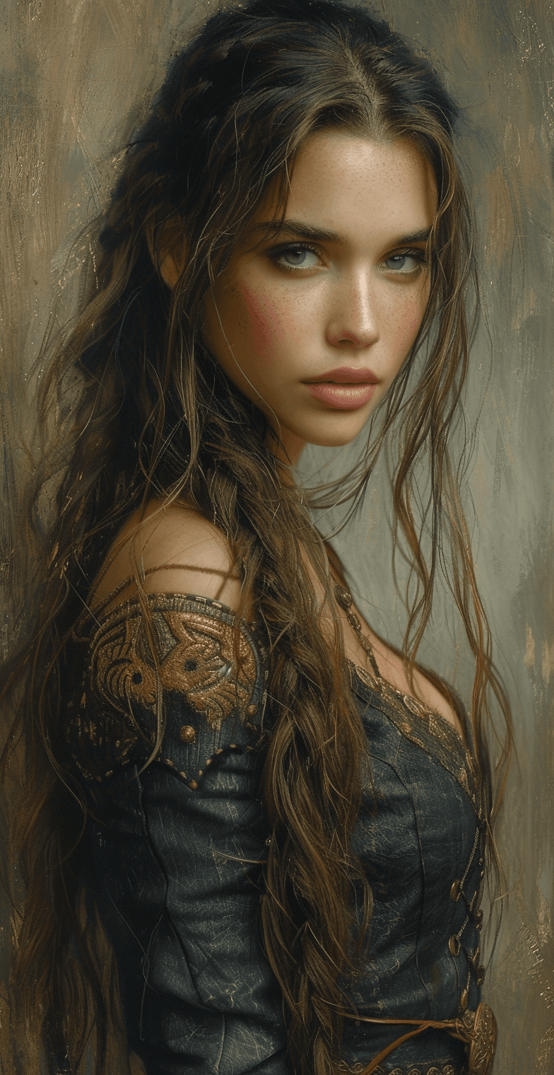 AI generated: a woman's portrait with long hair and chainmail armor, in the style of dark gold and dark black, hyp...