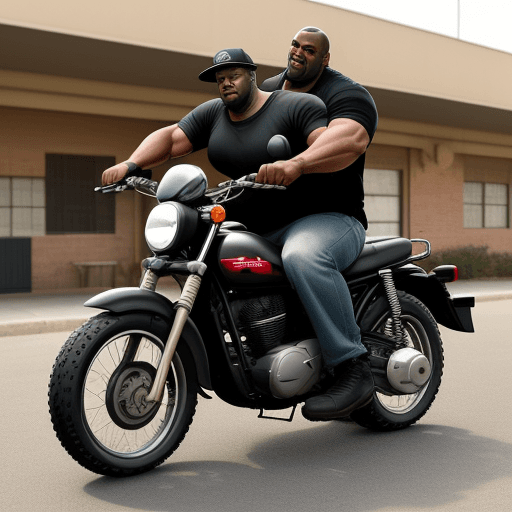 AI generated: babetta 210 with a big black jacked man riding it
