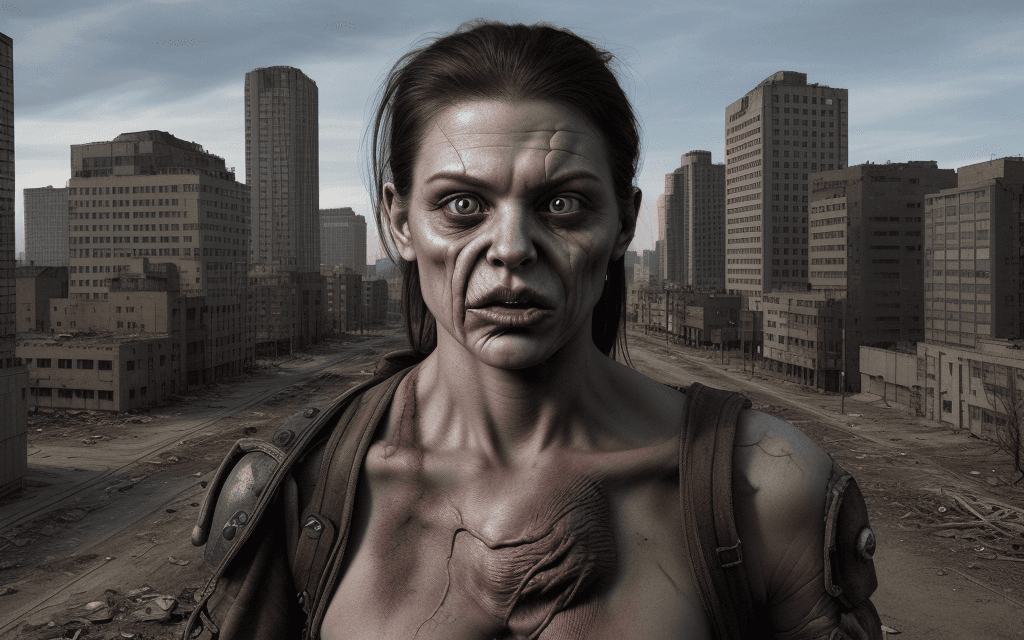 AI generated: deformed, bad anatomy, disfigured, poorly drawn face, mutation, mutated, 
post-apocalyptic in city