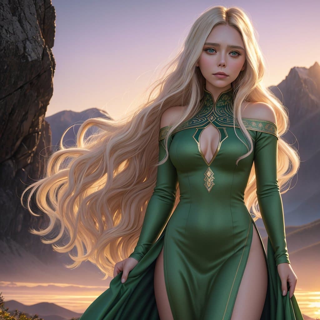 AI generated: Masterpiece, epic portrait of a elizabeth olsen with platinum blonde long wavy hair, delicate facial...