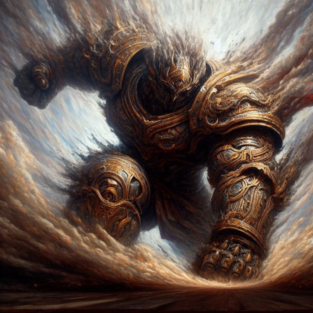 AI generated: a giant god heavily armored punches the ground, creating a catalysm, ultra realistic oil painting il...