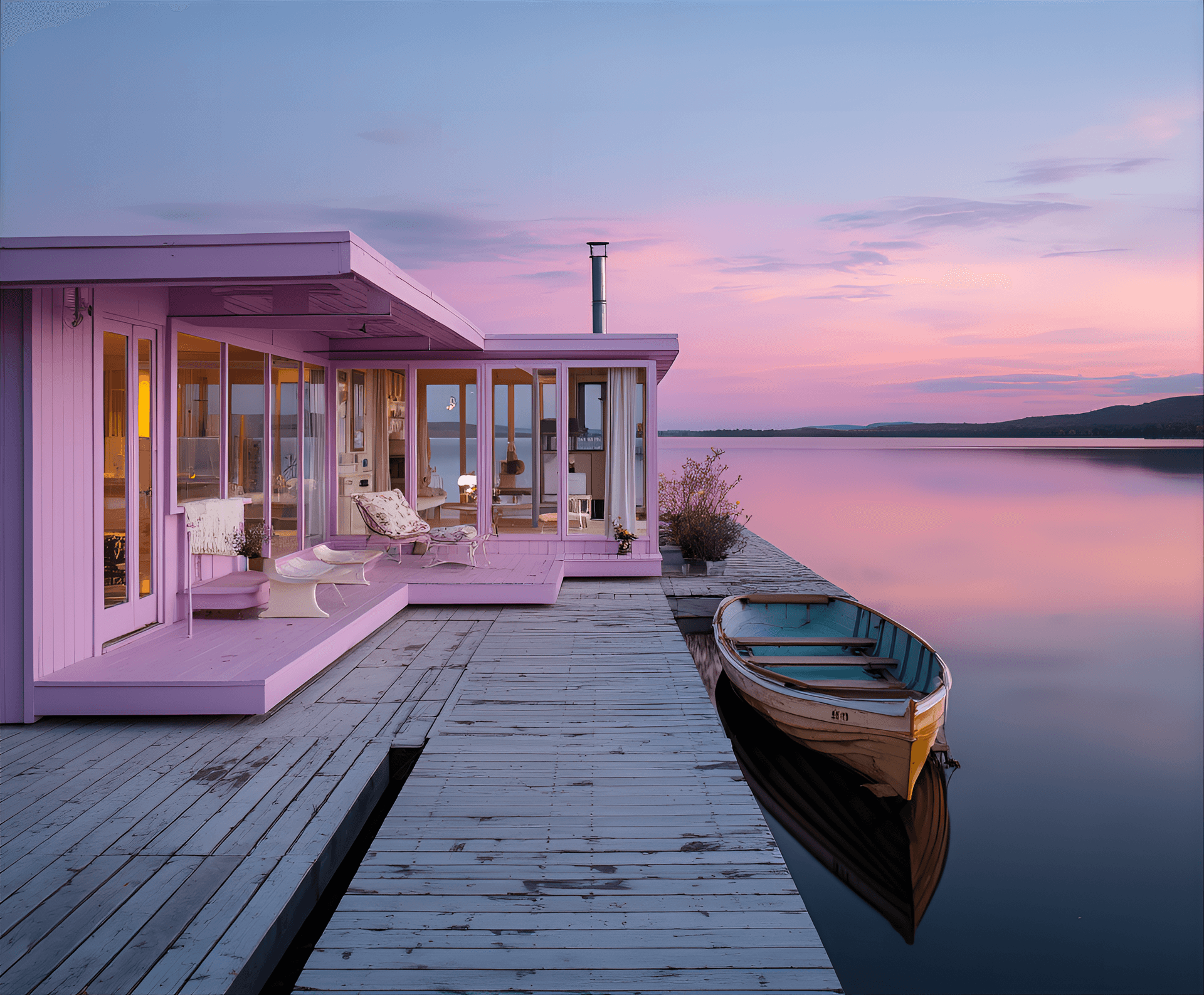 AI generated: surreal lakeside cabin with a pastel lavender exterior, expansive glass walls, and a floating deck,...