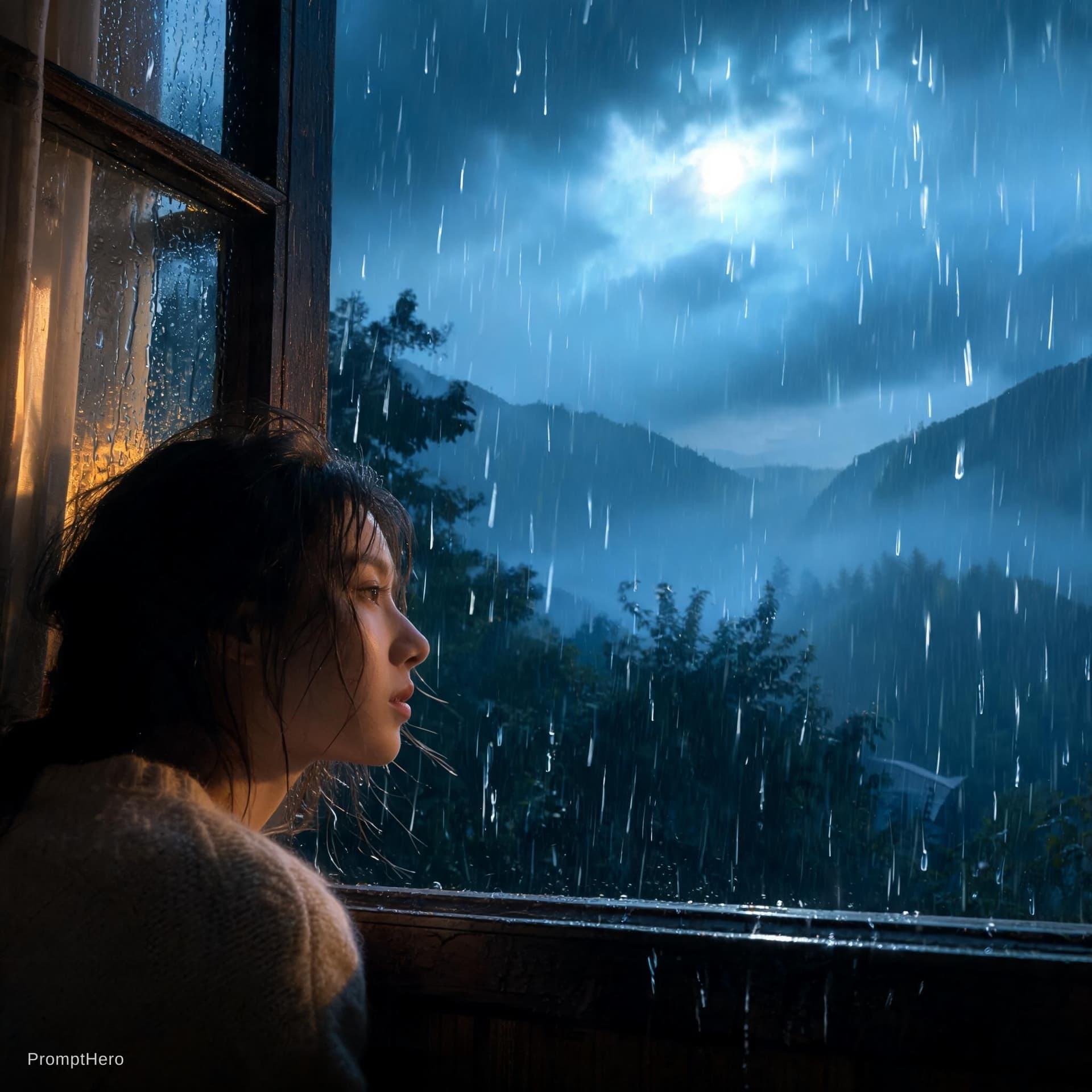 AI generated: A cinematic rainy evening. Gentle raindrops fall endlessly across a quiet countryside, soft wind car...