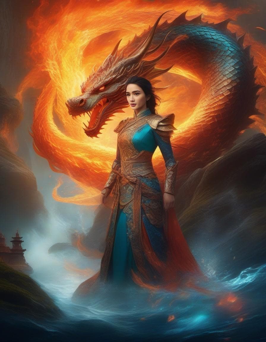 AI generated: Create a hyper-maximalist, detailed cinematic painting that blends the themes of fire and water, fea...