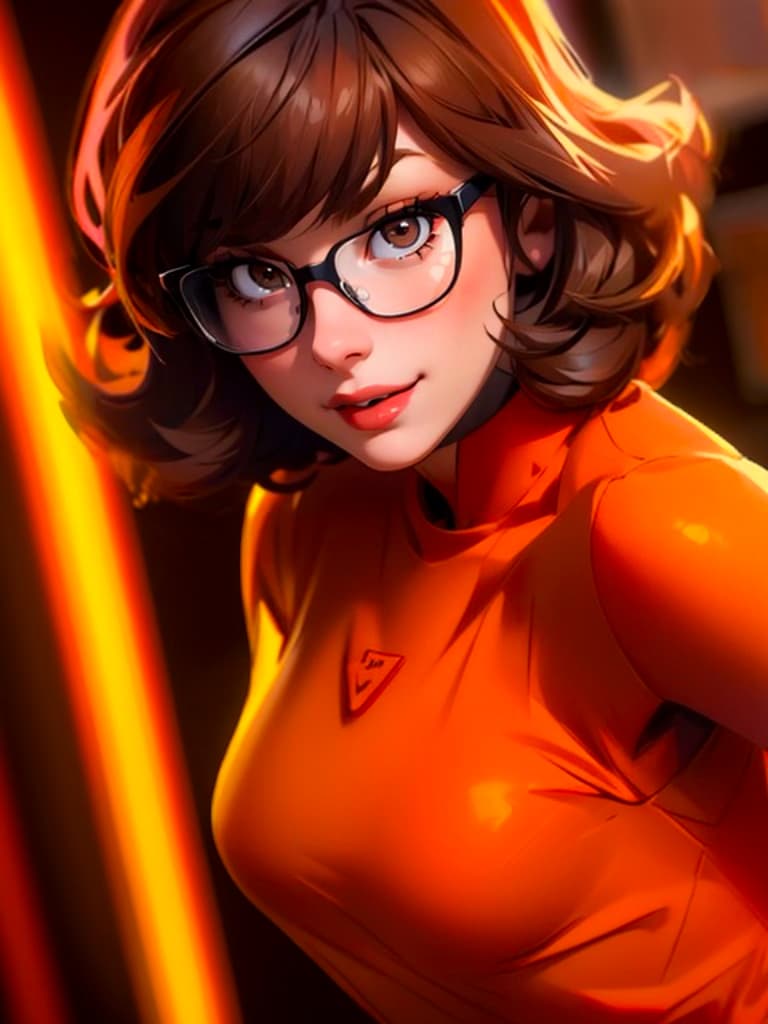 AI generated: Cute female with nerd glasses in 70's style sci-fi outfit inside a spaceship, short brown hair, vibr...
