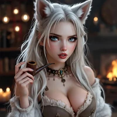AI generated video: Blowing smoke. Wolf ears move, twitch and swivel. 