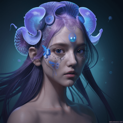 AI generated: Goddess close-up portrait ribcagel. jellyfish phoenix head, nautilus, orchid, skull, betta fish, bio...
