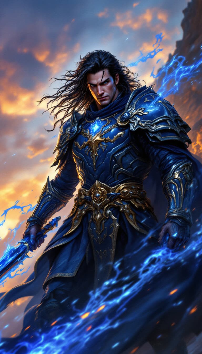 AI generated: kaladin stormborn dark-haired paladin, detailed blue and gold armor and weapons, dynamic action scen...