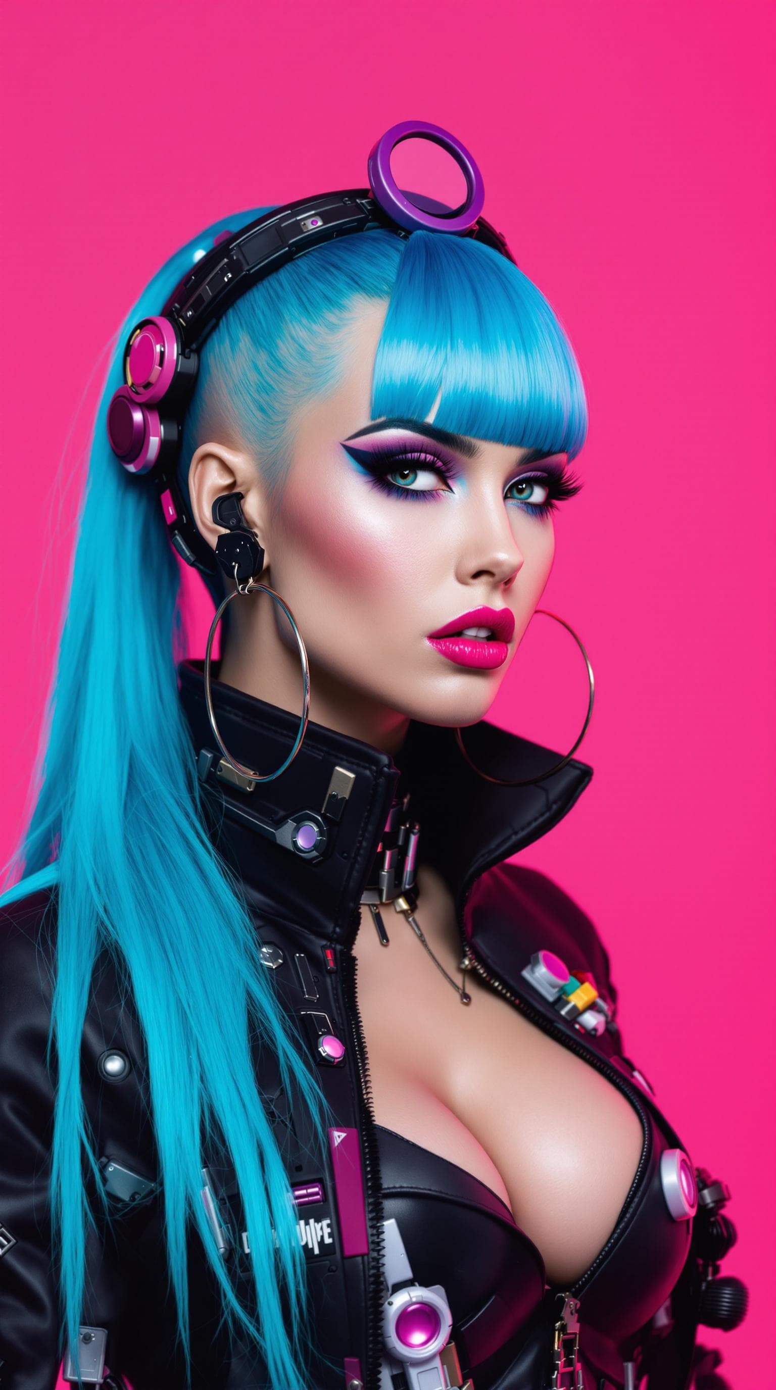 AI generated: The image features a striking female character with long, vibrant blue hair styled in an edgy, slick...