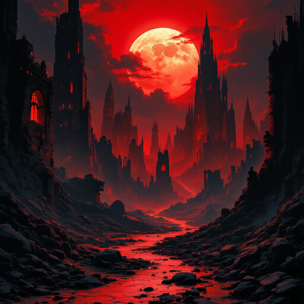 AI generated: ruins of a a destroyed futuristic city landscape. noir comic style, red accents, dark tones, sharp c...