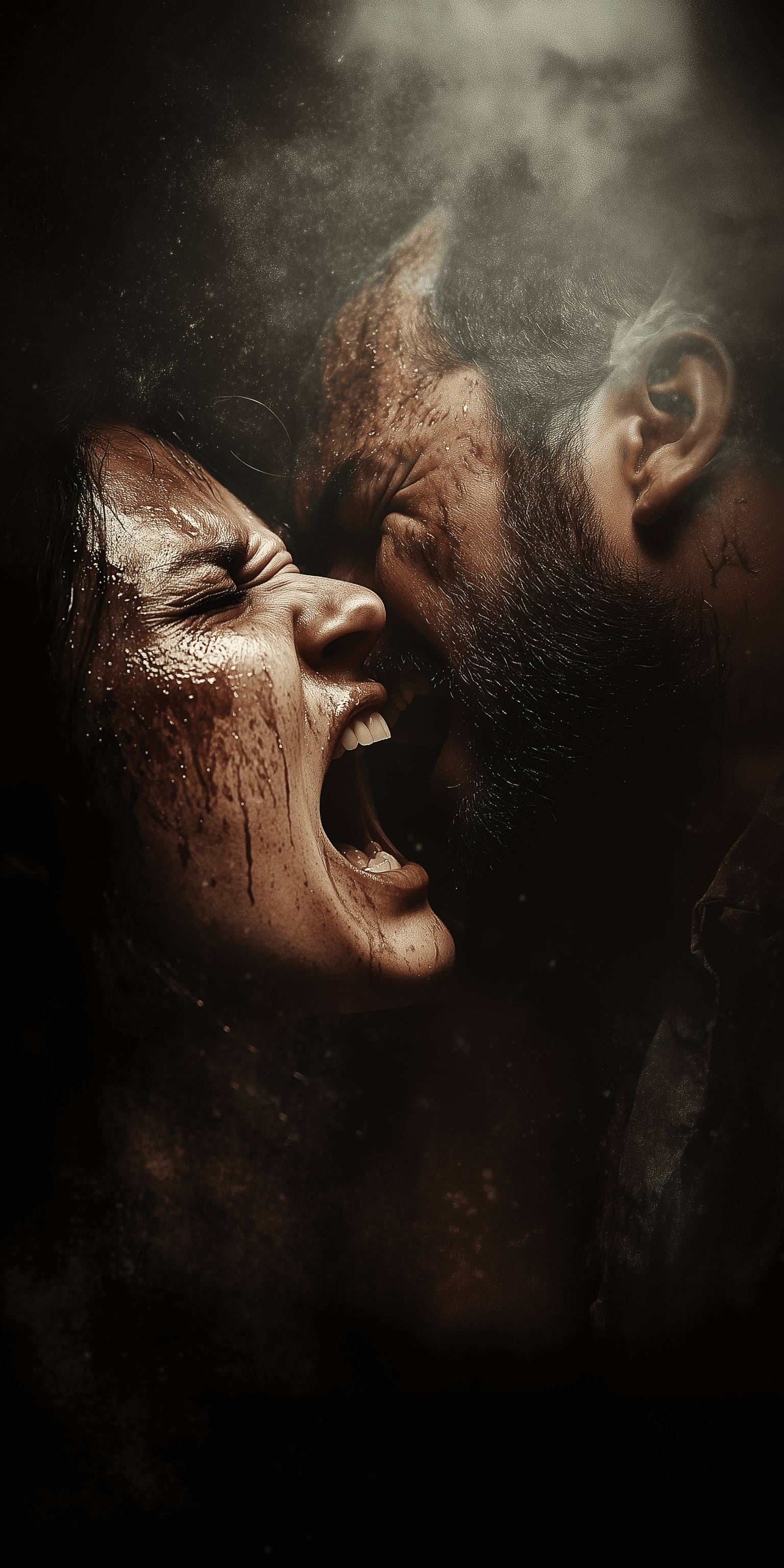 AI generated: A man and woman engaged in an intense, face-to-face confrontation, set against a dark, gritty, and h...