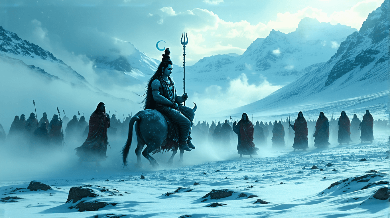 AI generated: 
Lord Shiva, in his majestic attire, is seated atop Nandi, his divine bull, in the middle of a vast ...
