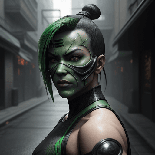 AI generated: Mortal Kombat Jade, unmasked, cyberpunk, outdoor, street, green, hyperrealism, photorealistic, 8k, u...