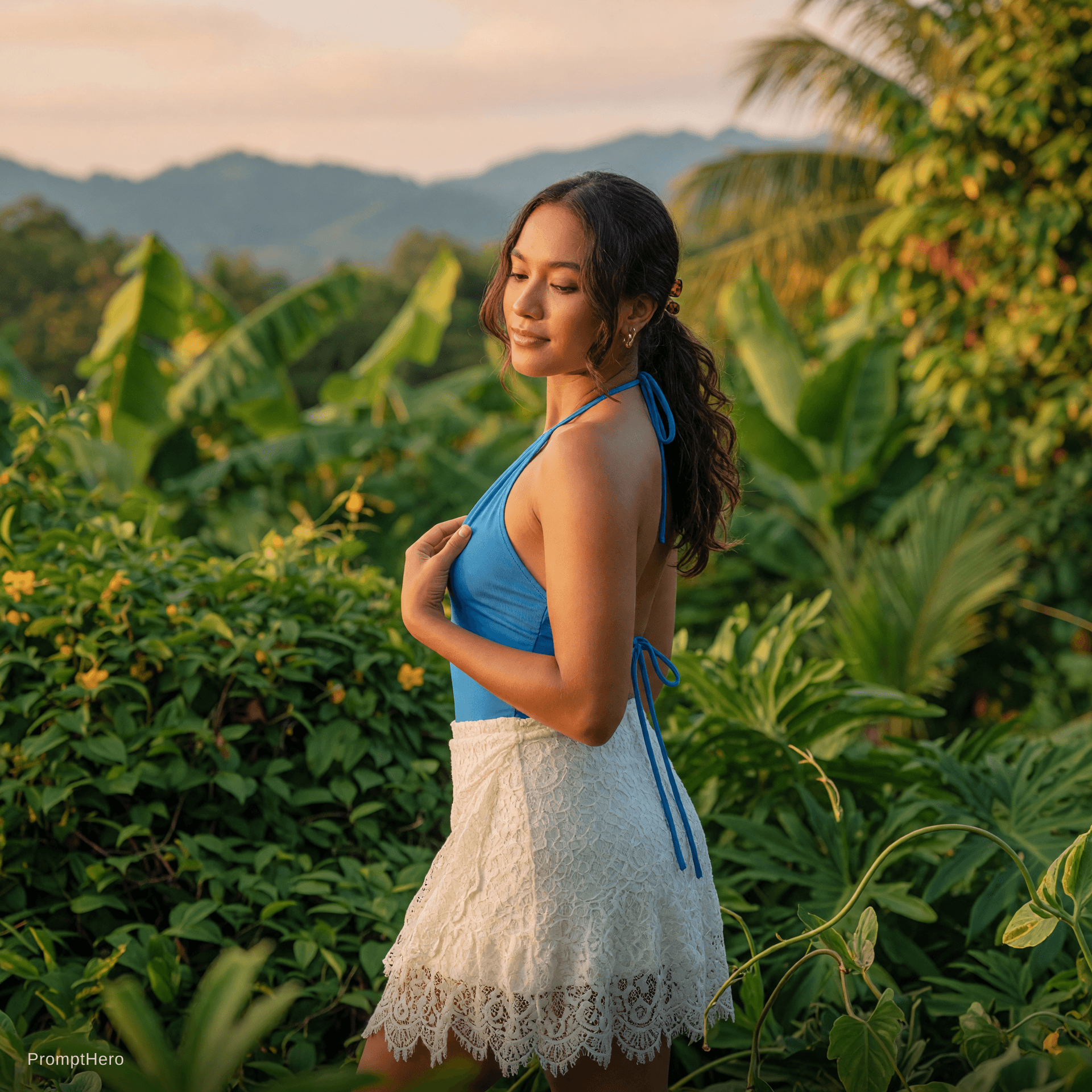 AI generated: Create a photorealistic interpretation of a fit adult woman standing in a lush tropical setting. She...