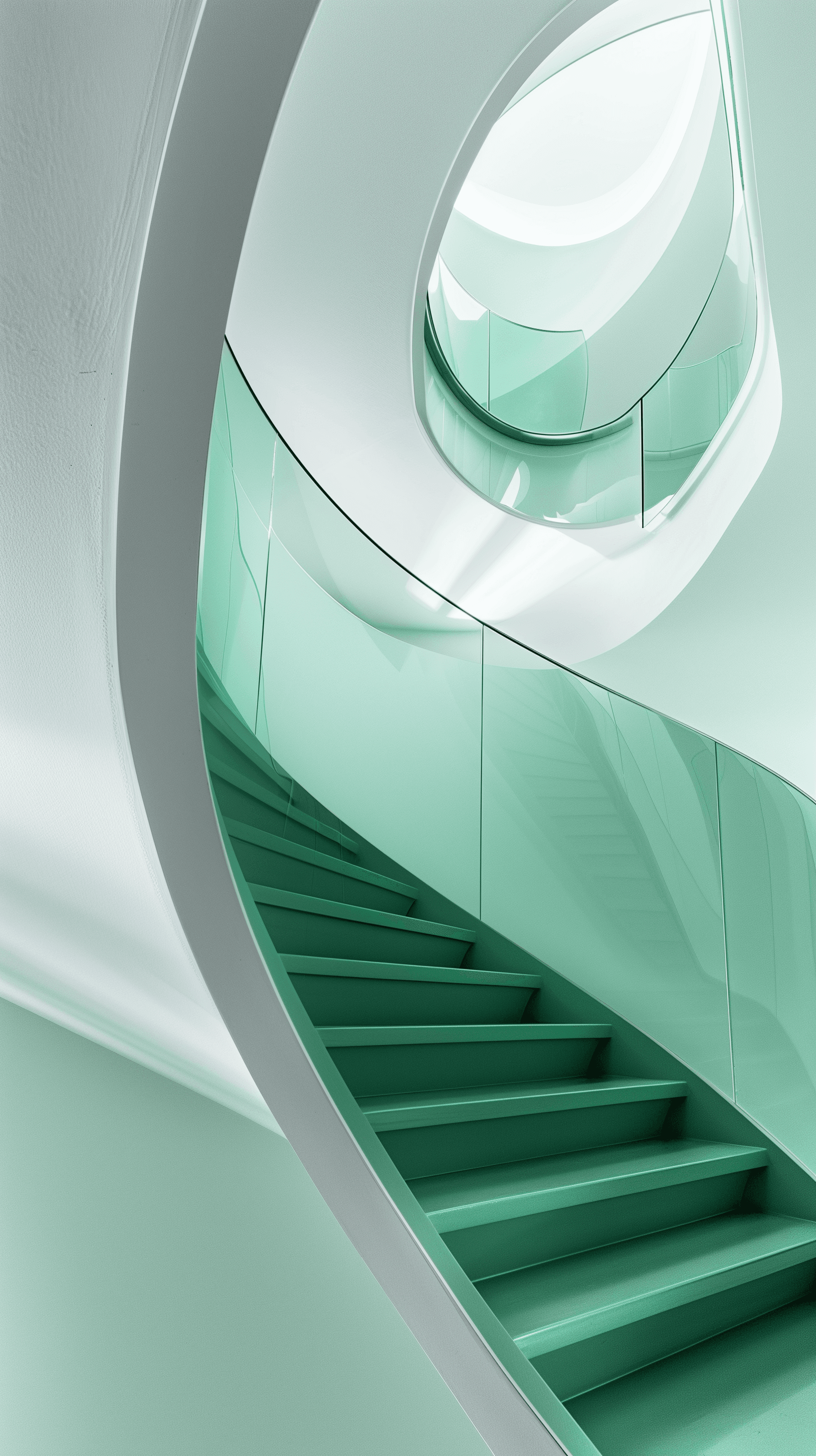 AI generated: interior photography, spiral staircase with dynamic curves, perspective looking up the staircase to ...