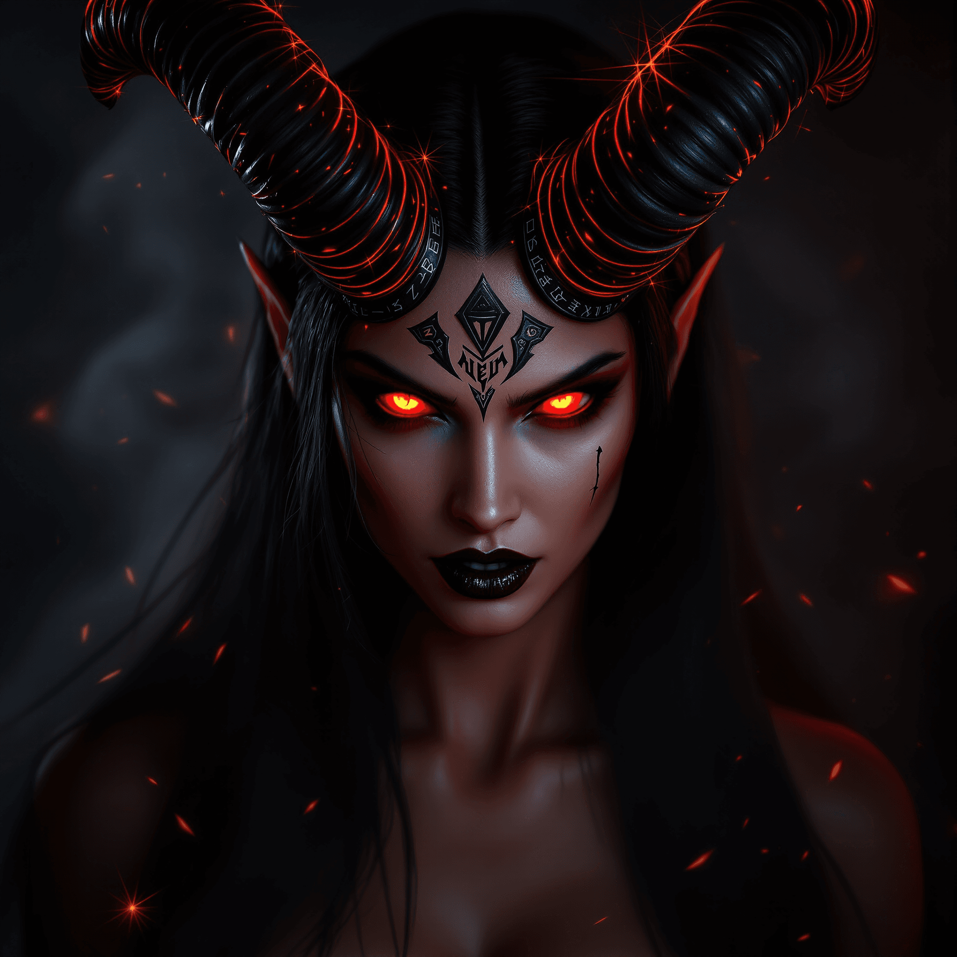 AI generated: A female red demon in a dramatic portrait. Sharp features with glowing red eyes and black lips, star...