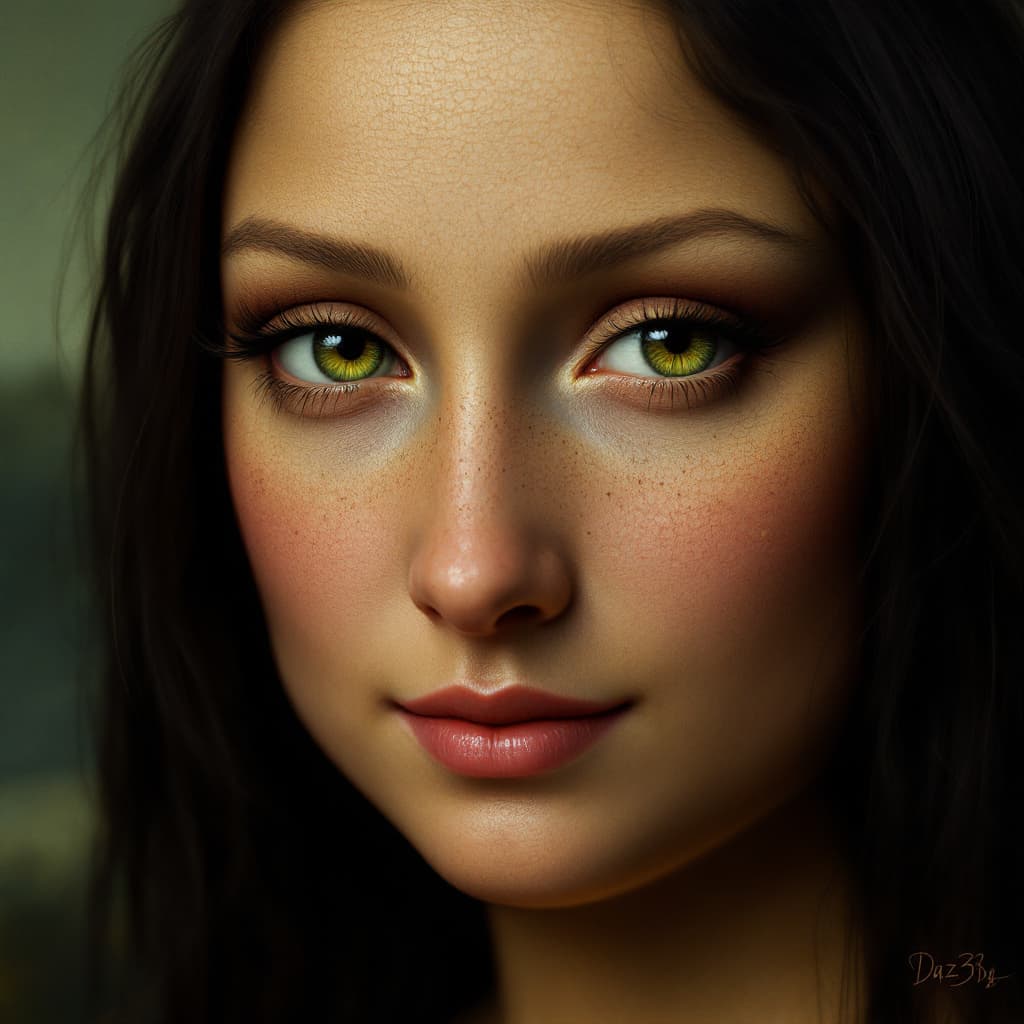 AI generated: Mona Lisa with green eyes, in the style of realism with fantasy elements, daz3d, fine art realism, m...