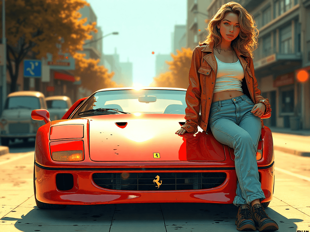 AI generated: A hyperrealistic, cinematic image of a beautiful young woman in her early twenties, leaning casually...