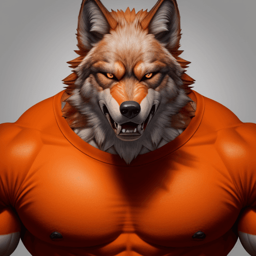 AI generated: realistic mascotsuper muscular wolf with arms crossed with an evil face with bright orange eyes and ...