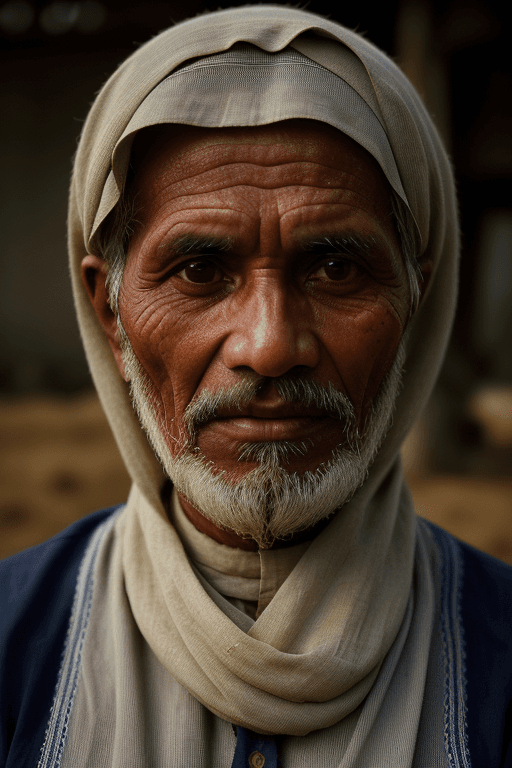 AI generated: Portrait photo of a 60 year old moslem farmer, close-up, face, dimly lighting, 35mm film photography...