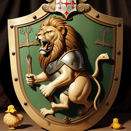 AI generated: Medieval shield, lion playing with a duck, happy