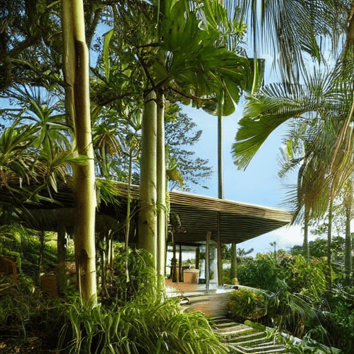 AI generated: A beautiful house in tropical modernism style inside of a forest and full of trees and plants and se...