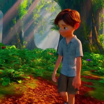 AI generated video: a 3d pixar style boy walking in the forest