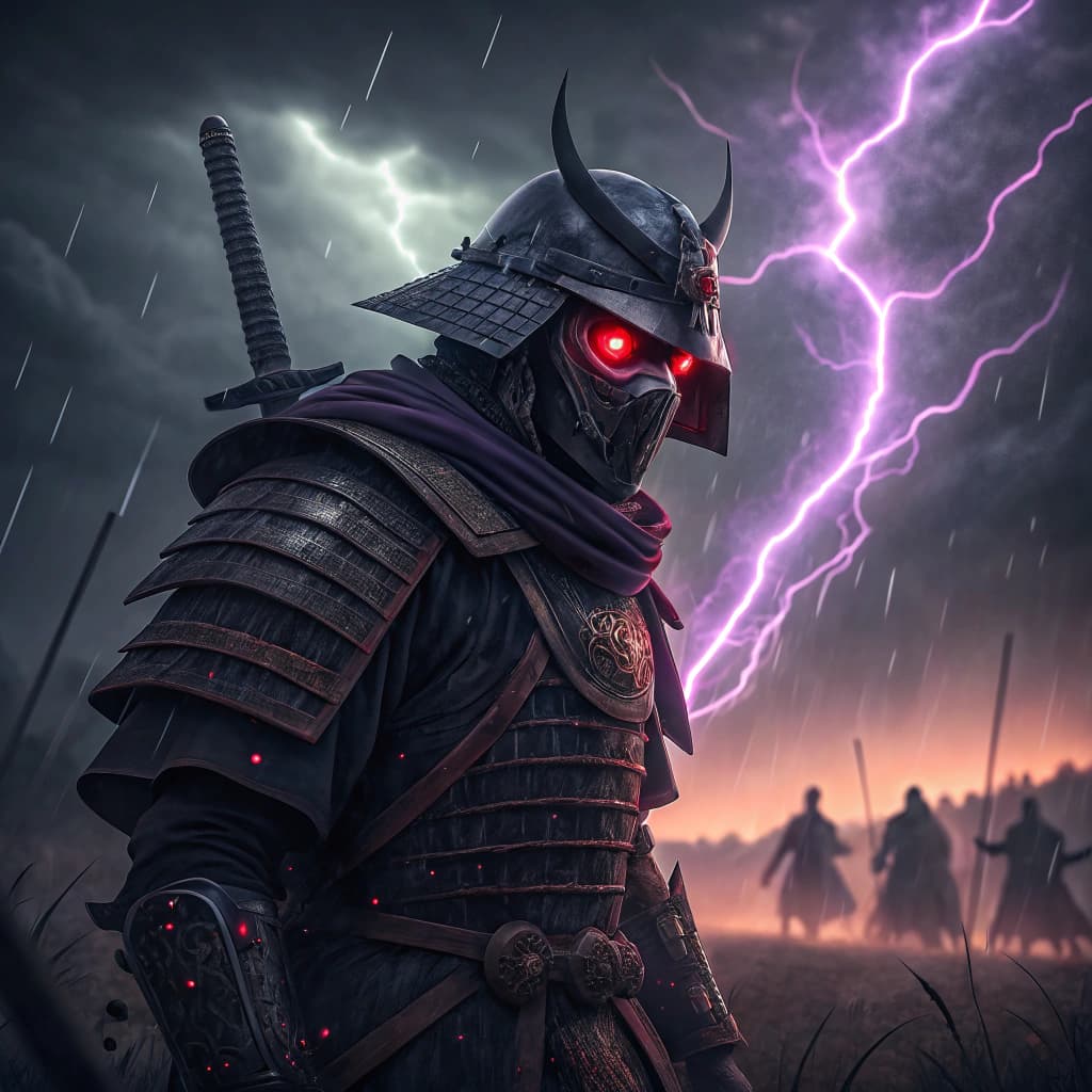 AI generated: A dark-faced samurai warrior with glowing red eyes, wearing traditional samurai armor, his face part...